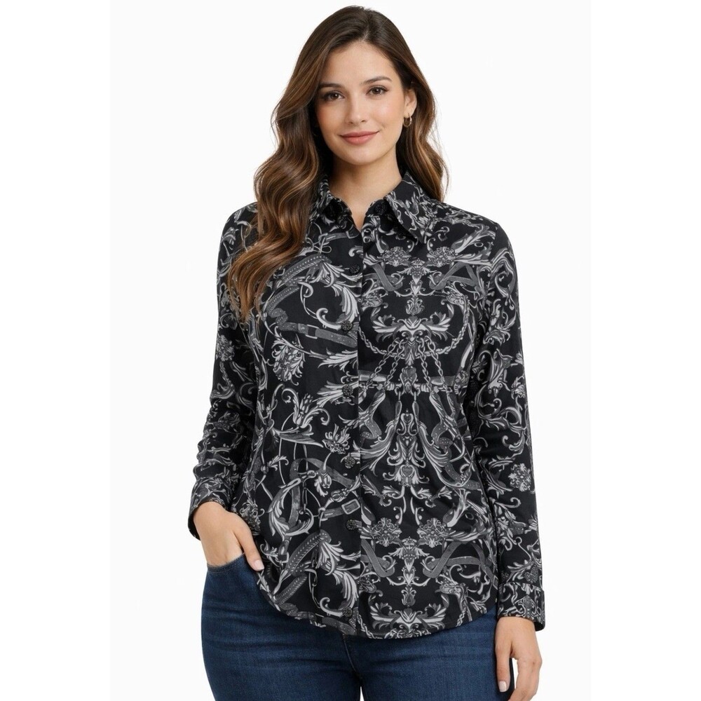 BonWorth Women’s Blouse‎ XL Button Long Sleeve Black Gray Bodoque Print Classic